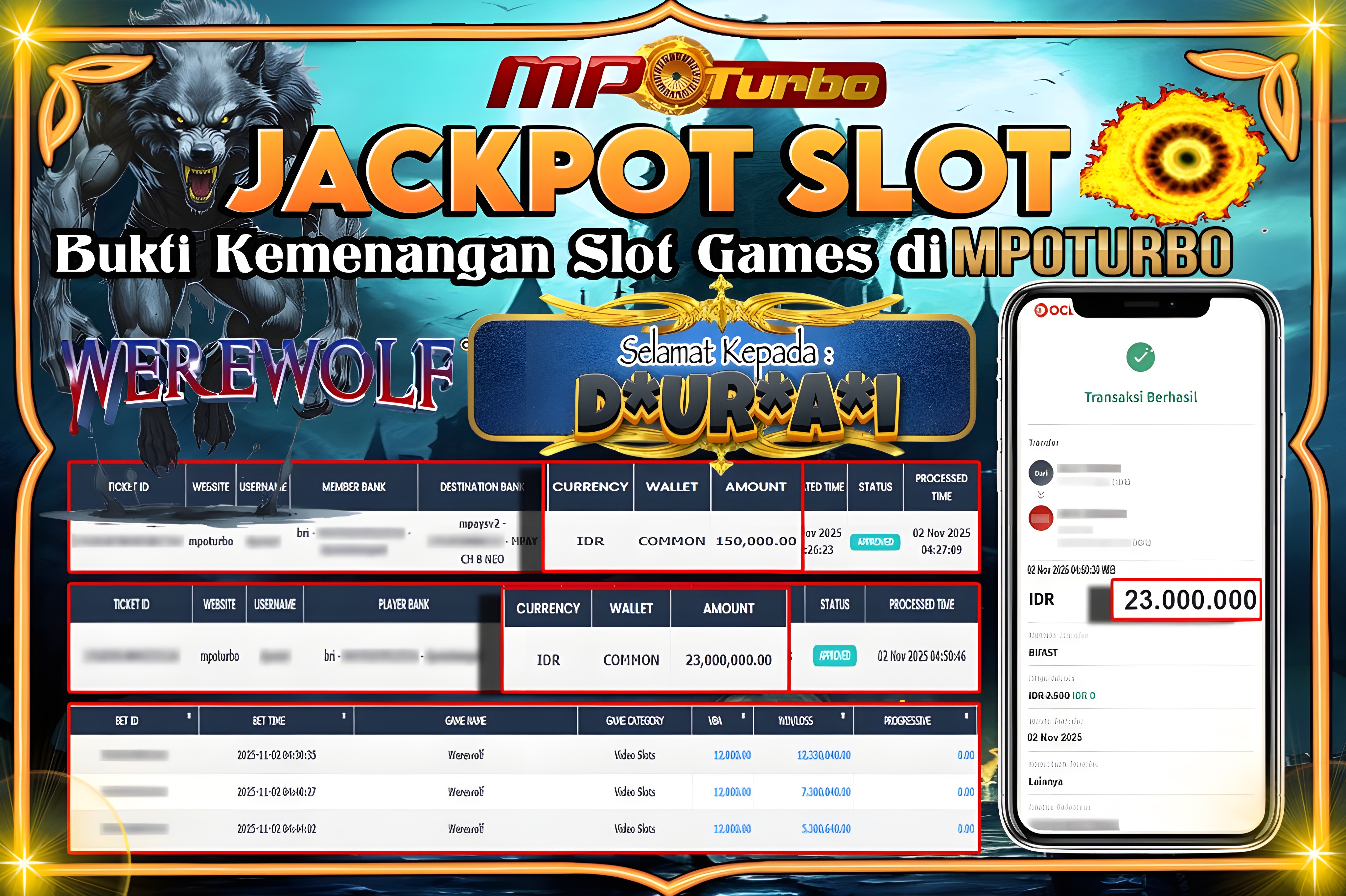 MPOTURBO JACKPOT OG SLOT - WEREWOLF Rp 23,000,000.00,- LUNAS
